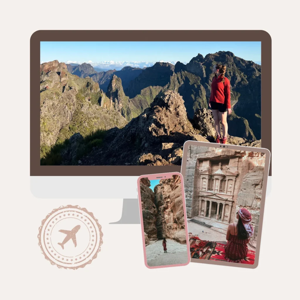 Graphic showing a mock up of apple computer, iPad, and iPhone with various photos of girl in different countries.