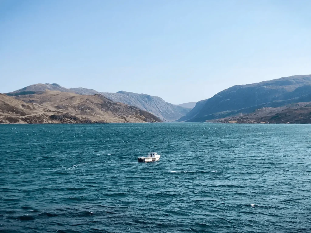 Viewpoint over Loch Gleann Dubh from the Kyleksu Hotel on a sunny day.