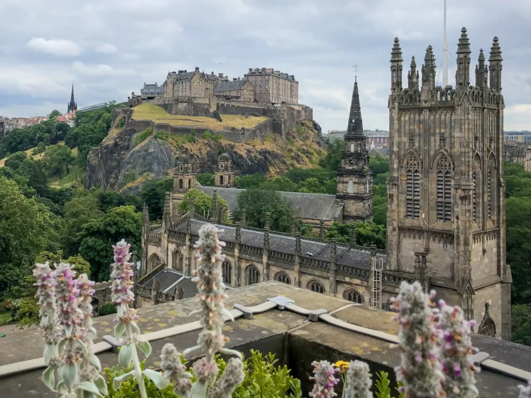 Viewpoint of St. John's Scottish Episcopal Church and Edinburgh Castle from the Johnny Walker 1820 Rooftop Bar.