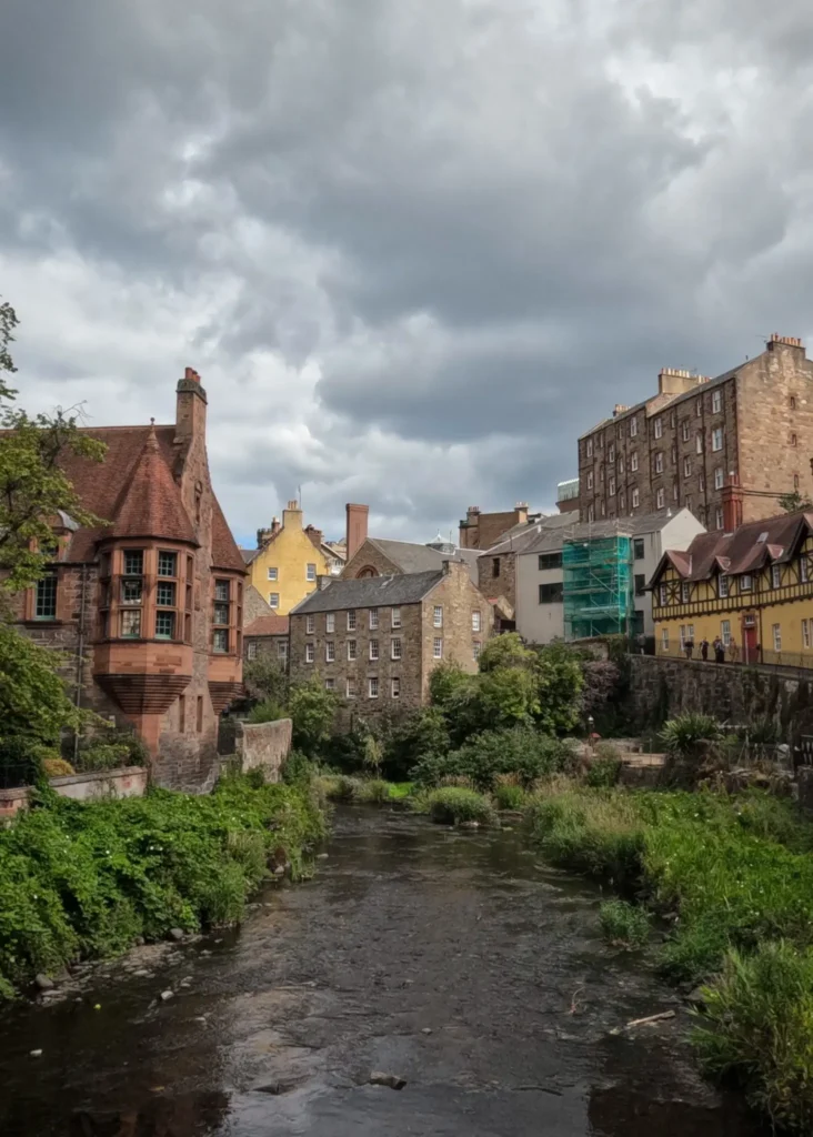 Dean Village in Edinburgh on a cloudy day.