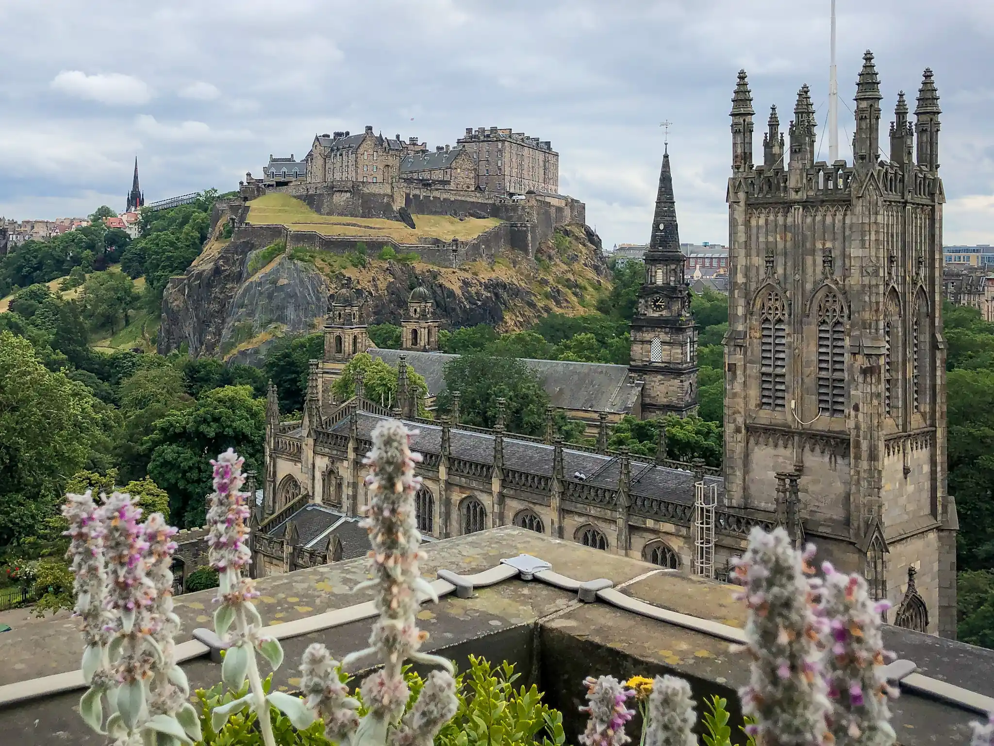 Viewpoint of St. John's Scottish Episcopal Church and Edinburgh Castle from the Johnny Walker 1820 Rooftop Bar.