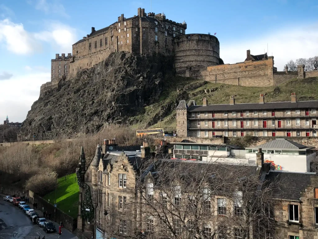 Viewpoint over Edinburgh castle and grassmarket on a sunny day.