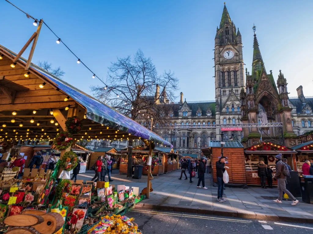 Christmas markets in Albert Square near the town hall of Manchester.