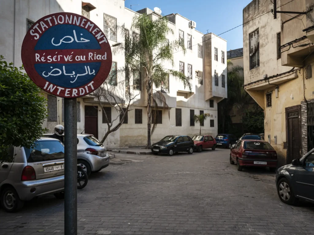 No parking sign showing that car park spaces are reserved for a riad in Morocco.