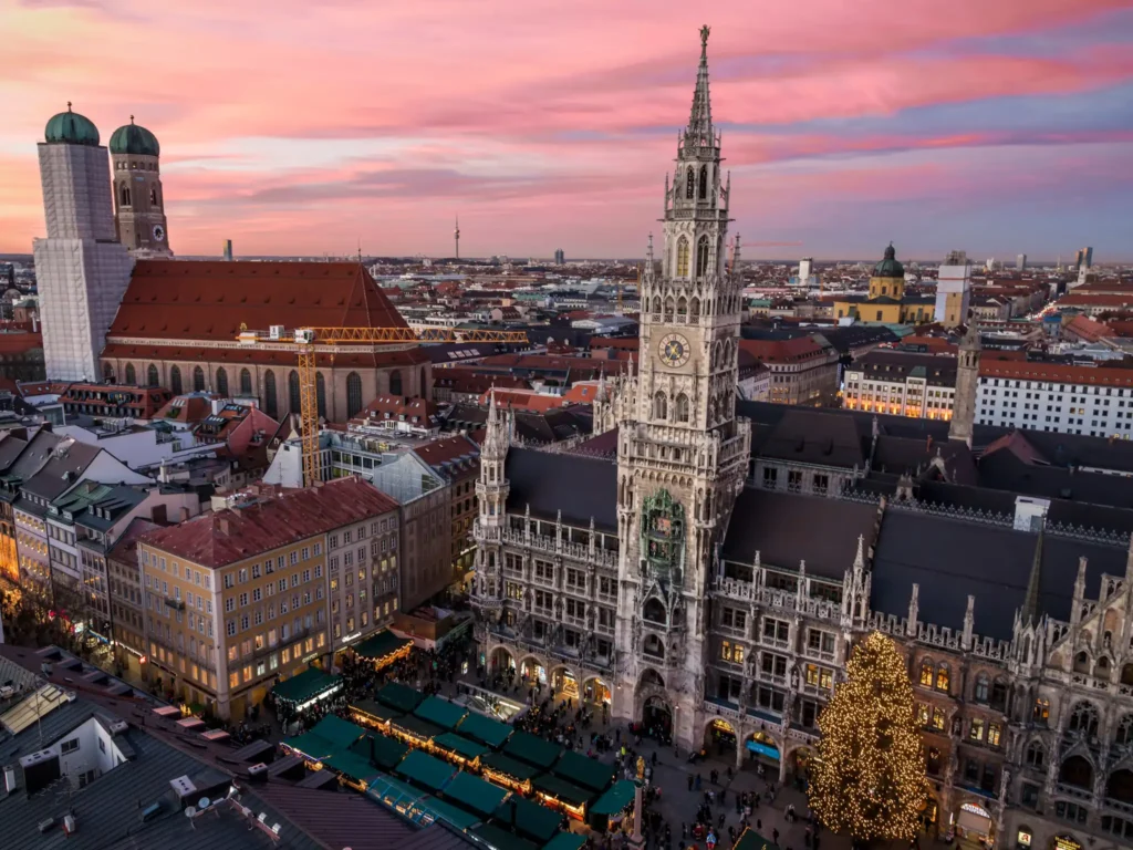 Christmas market at marienplatz in munich with the town hall.