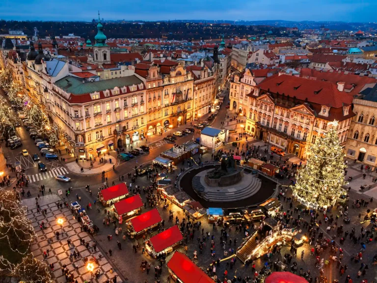 Aerial shot of the Old town square at christmas time in prague.