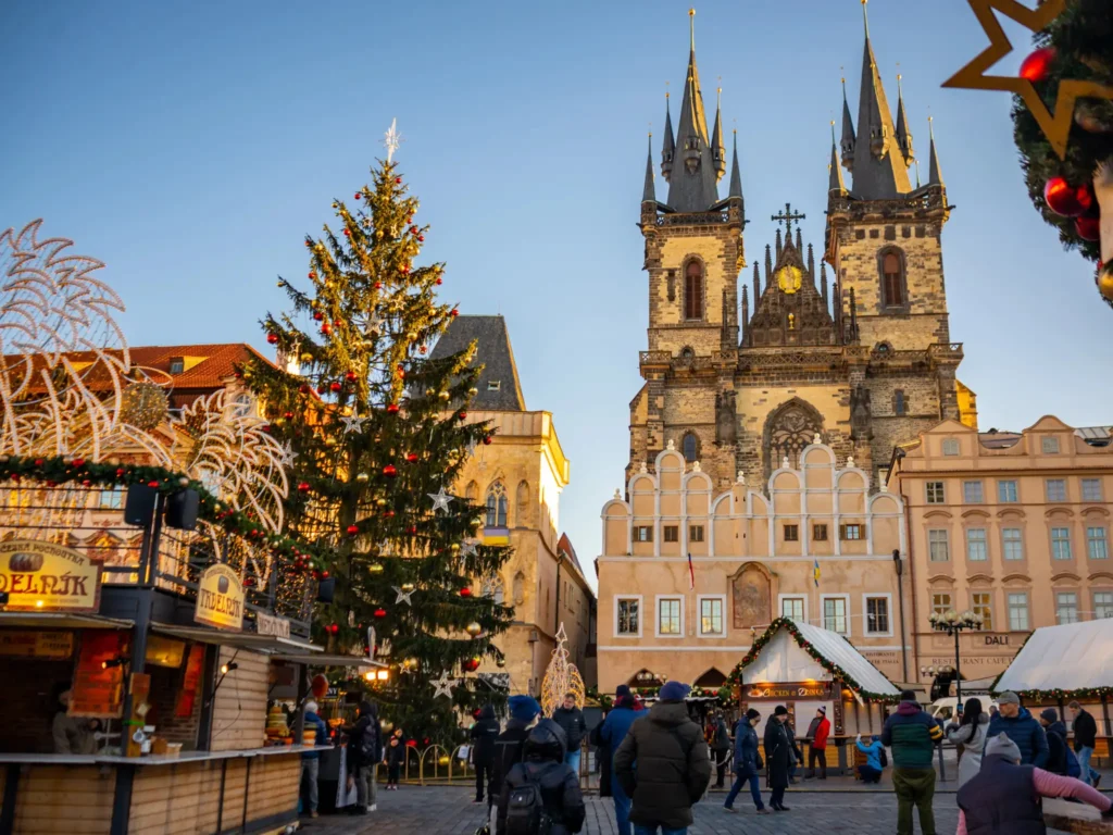 Picture of the Old Town Square in Prague, Czechia at Christmas.