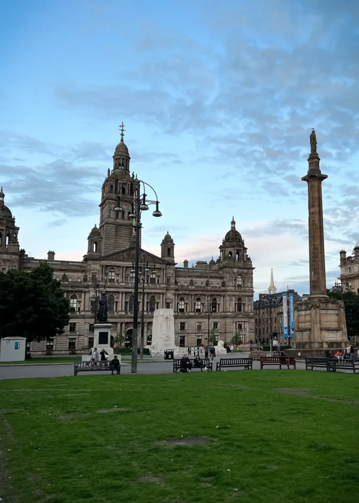 George square in Glasgow looking at the city chambers. on a sunny cold day.