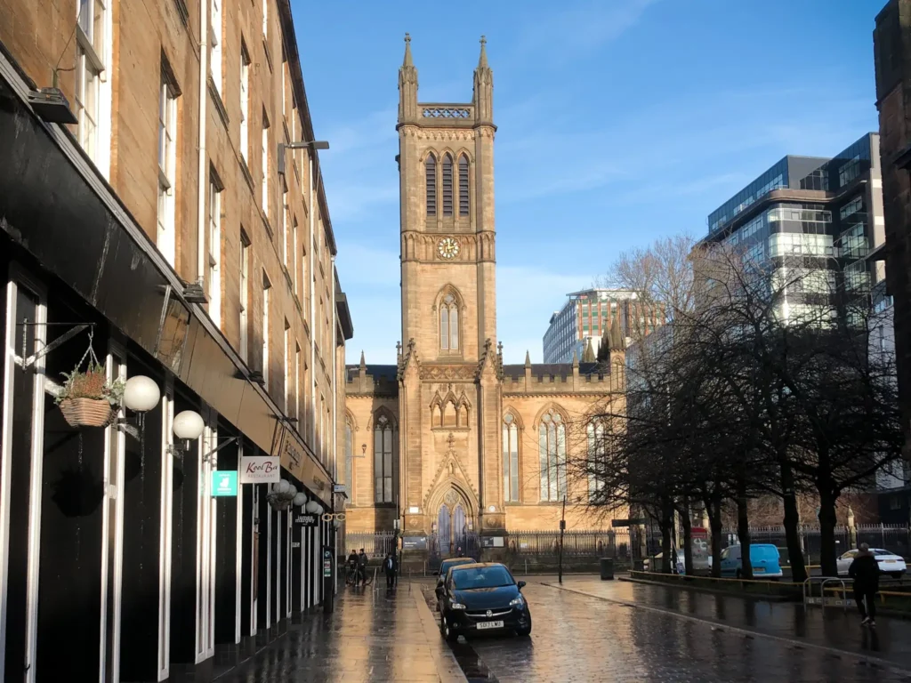 Looking down Candleriggs Street to The Ramshorn in Merchant City.