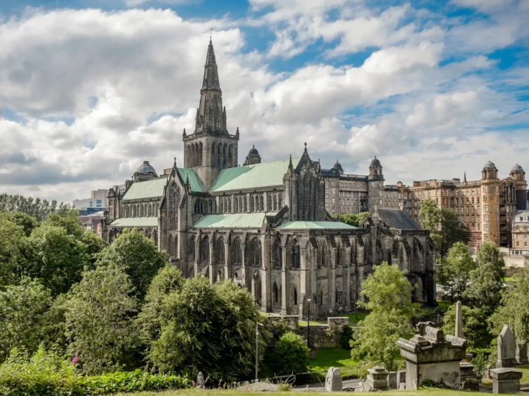 Glasgow cathedral and skyline from glasgow necropolis scotland, in summer.