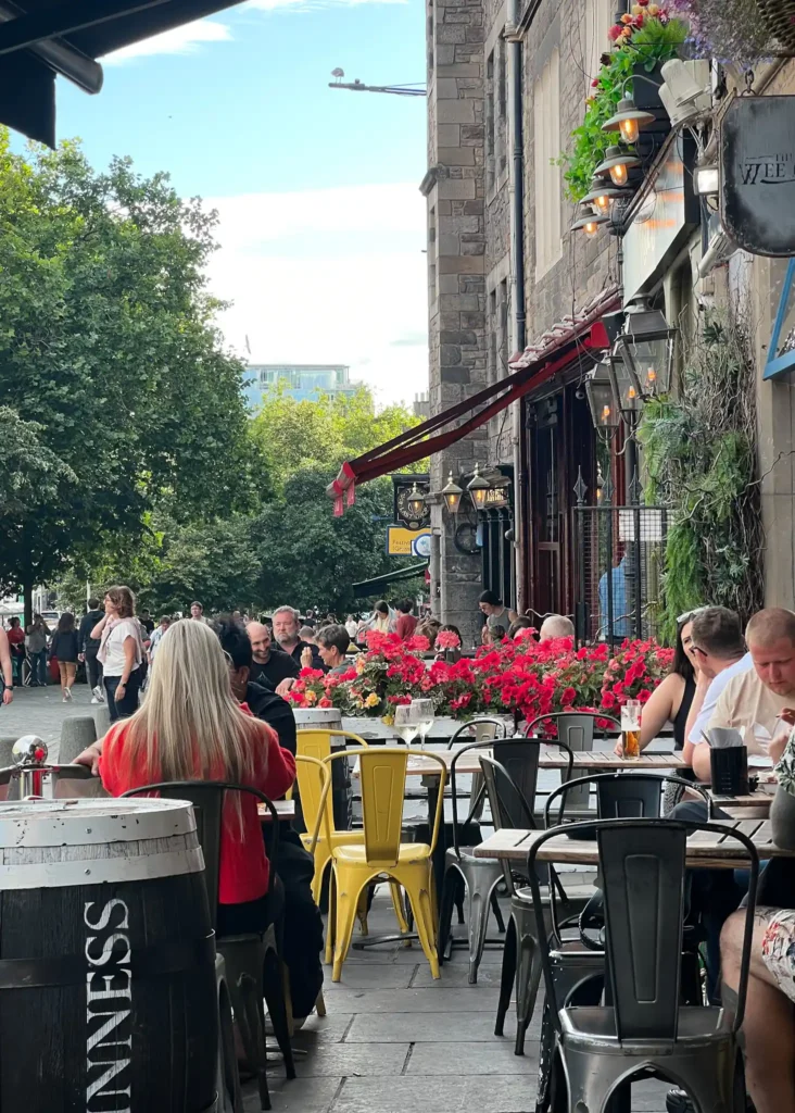 Outdoor seating at a pub in Grassmarket in Edinburgh.