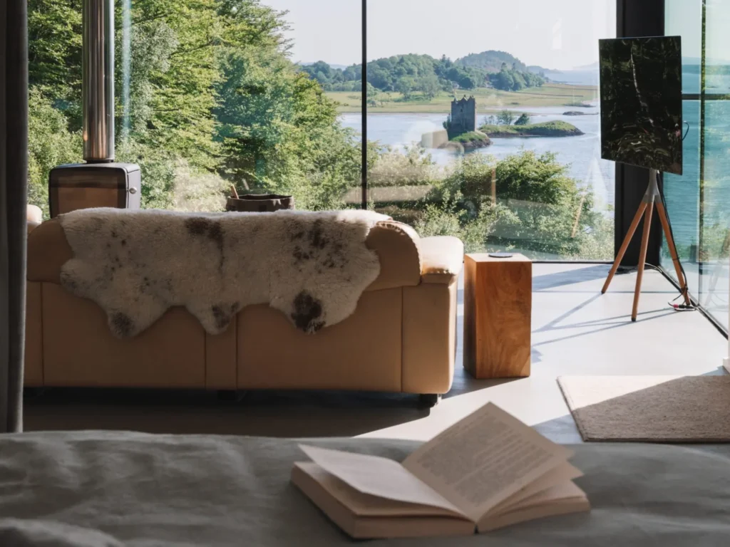 View over Castle Stalker from the bedroom and living room of the South House, Stormhouse.