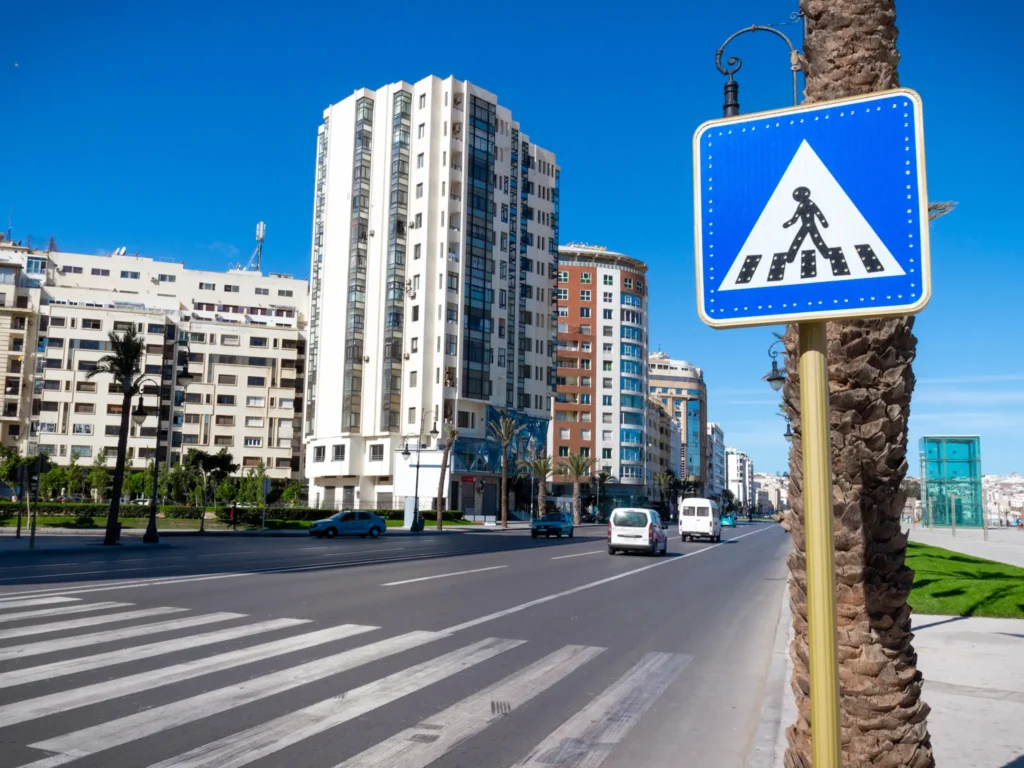pedestrian crossing on avenue mohamed vi at tangier, morocco. urban landscape of a modern city