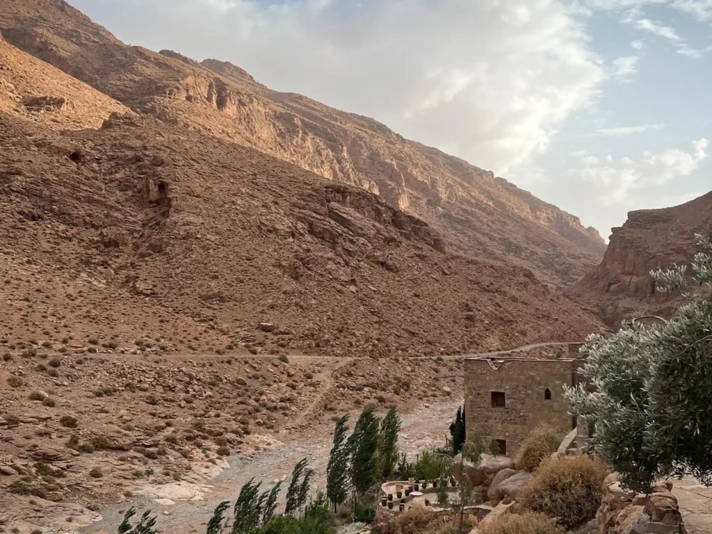 View from Auberge Le Festival down Todra Gorge as the sun hits the rock formations.