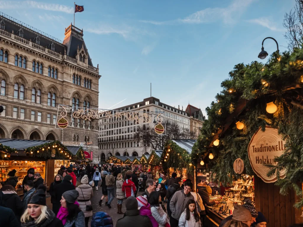 Tourists at traditional Christmas market in front of the Rathaus City hall of Vienna. Lot of people on the main Xmas fair with illumination and decorated kiosks.