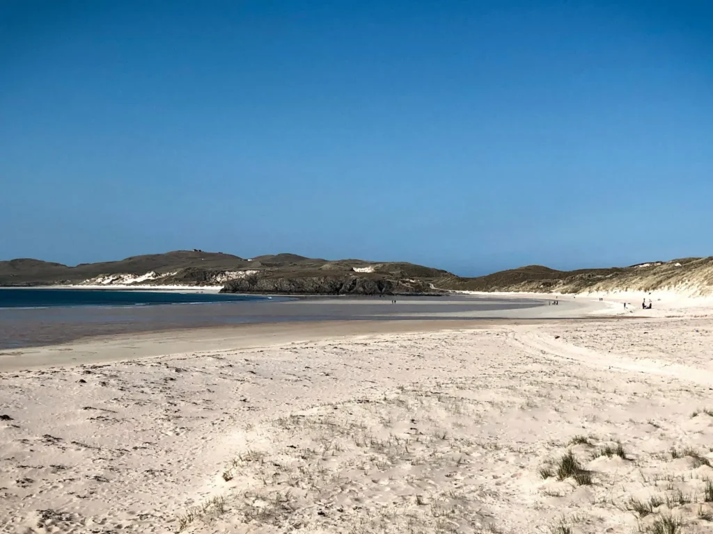Balnakeil beach on a sunny day in Scotland.