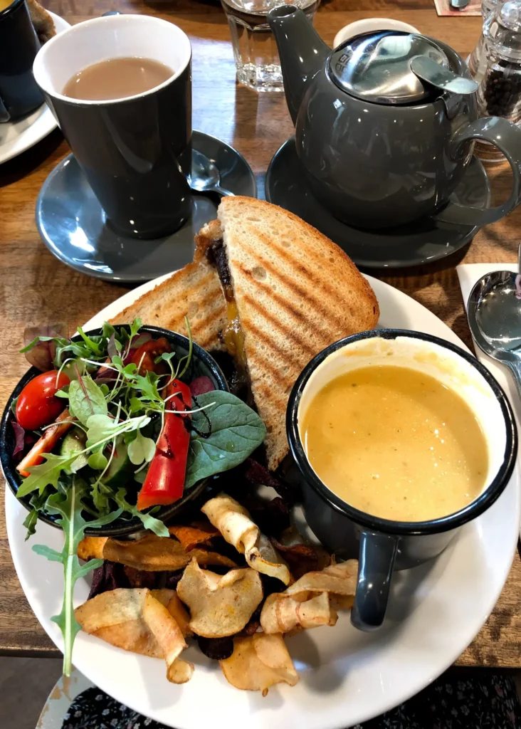 Soup, sandwich, crisps, and salad with a cup of tea at the River Bothy at Berriedale Bends.