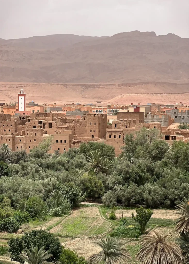 Tinghir with hills in the background and greenery in the front.