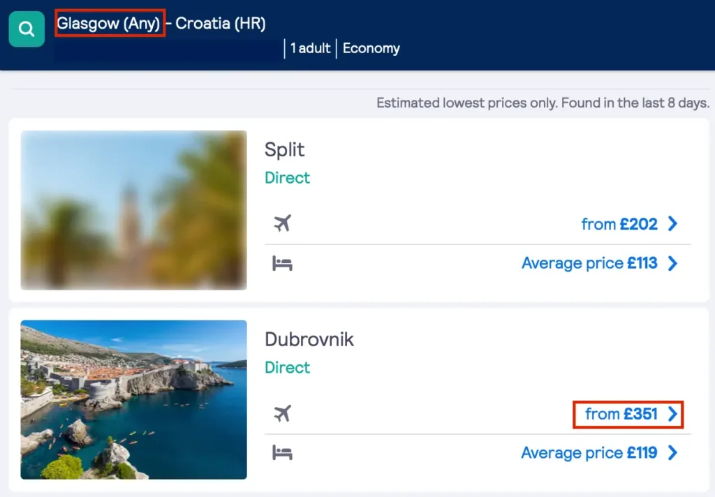 On skyscanner website, searching for a flight from Glasgow to Dubrovnik.