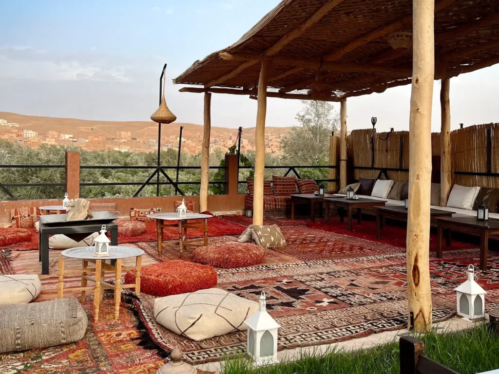 The beautiful terrace with Moroccan furnishings at Riad Sahara Stars Dades.