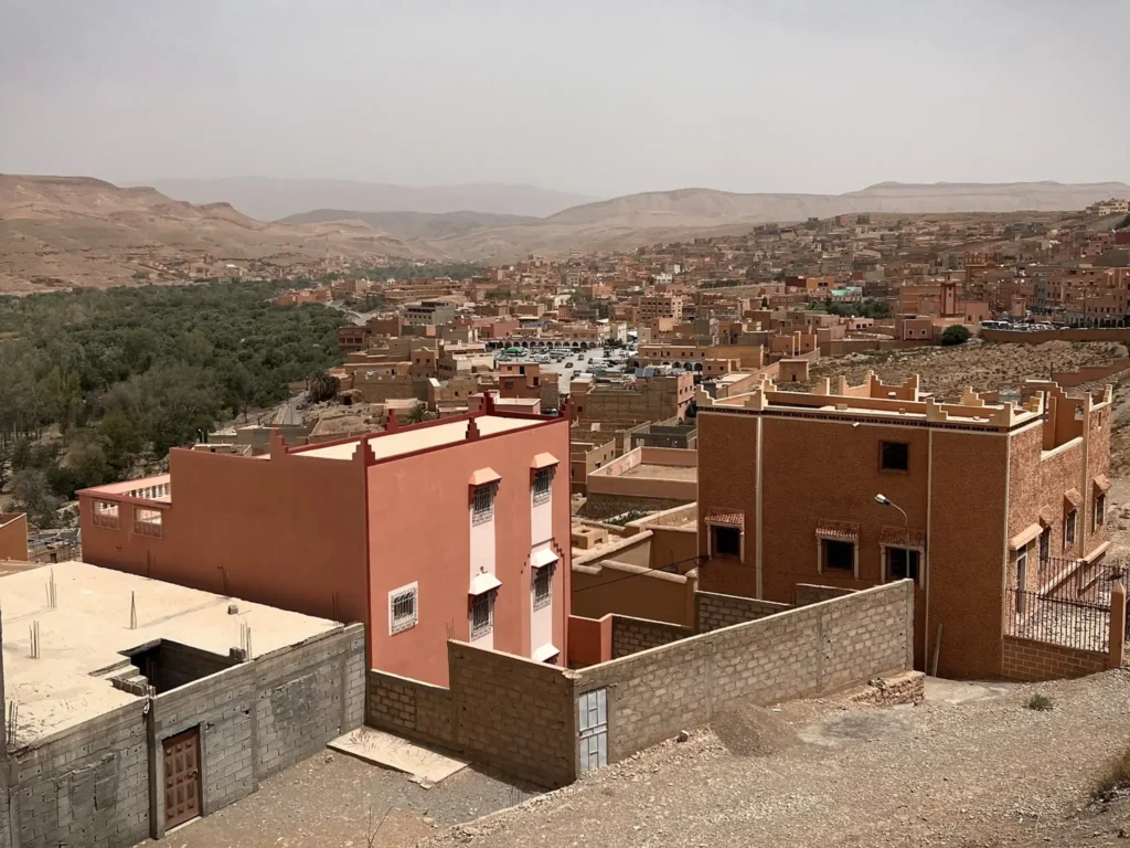 Viewpoint in Boumalne Dades looking over the houses and surrounding hills of Dades Valley Morocco.
