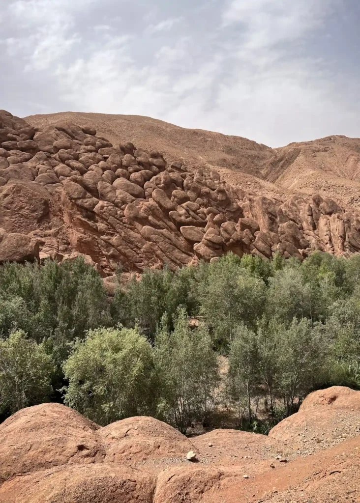 Viewpoint over the Monkey Rock Formation in Dades Valley on a cloudy day.