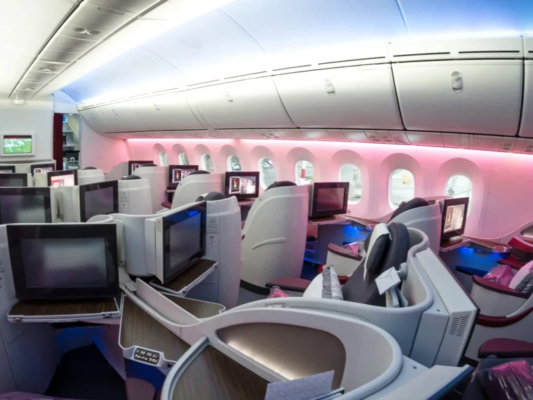 On board boeing 787 business class qatar airways airlines.