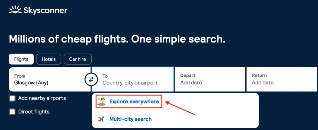 Showing how to use the Skyscanner Explore Everywhere Feature on the Skyscanner website.