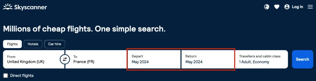 Selecting Skyscanner Whole Month View Feature for May 20204 for flights from United Kingdom to France.