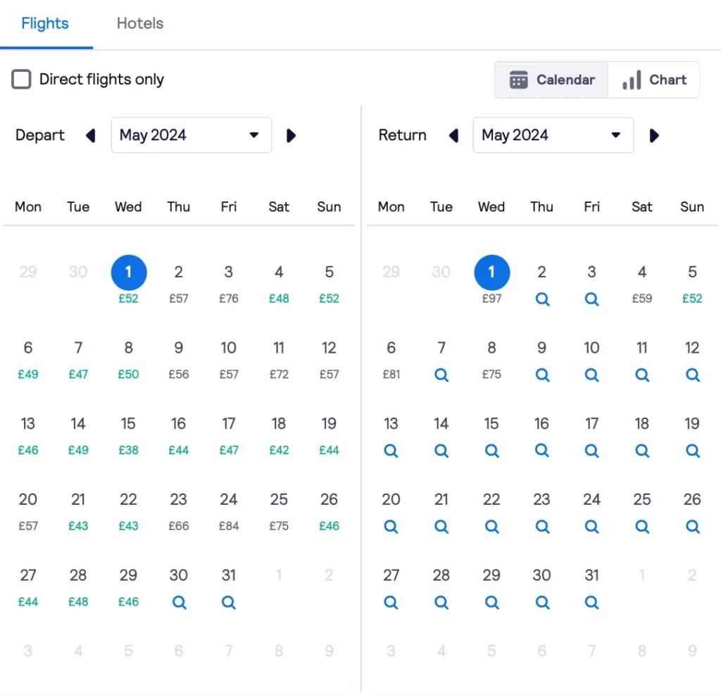 Showing the Skyscanner Whole Month View - Prices For May 2024 From Glasgow To Paris