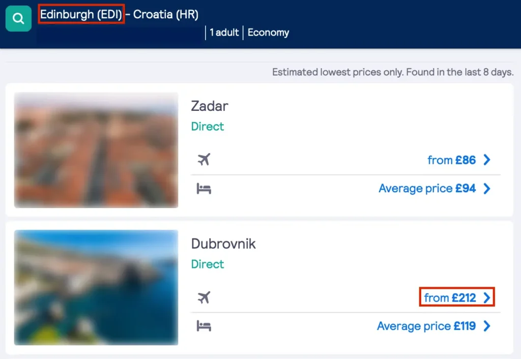 Using Skyscanner to check for flights from Edinburgh to Dubrovnik.