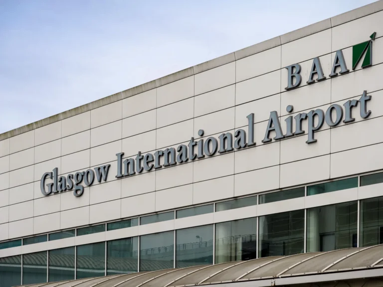 The main terminal bulding sign at Glasgow International Airport.