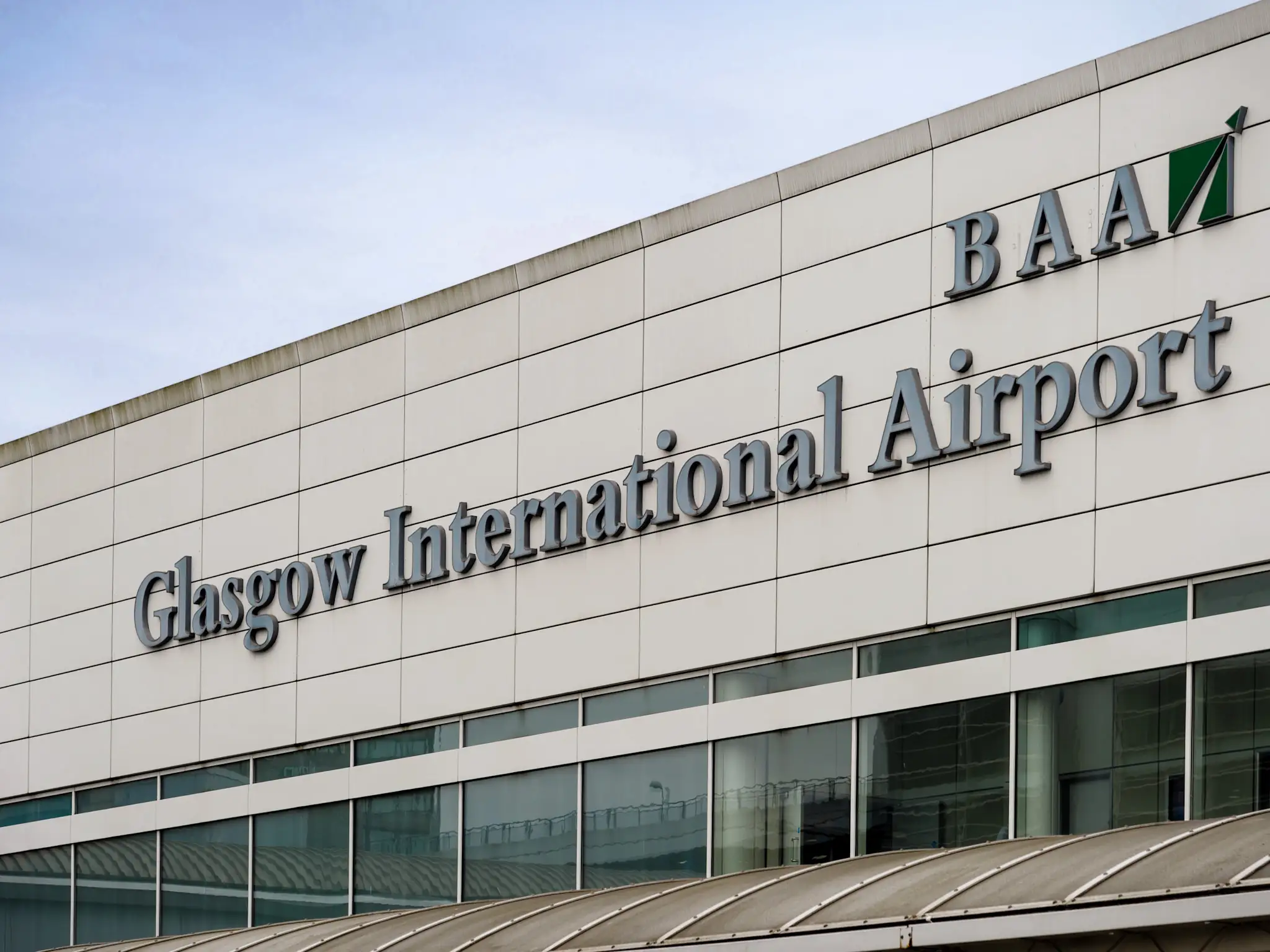 The main terminal bulding sign at Glasgow International Airport.