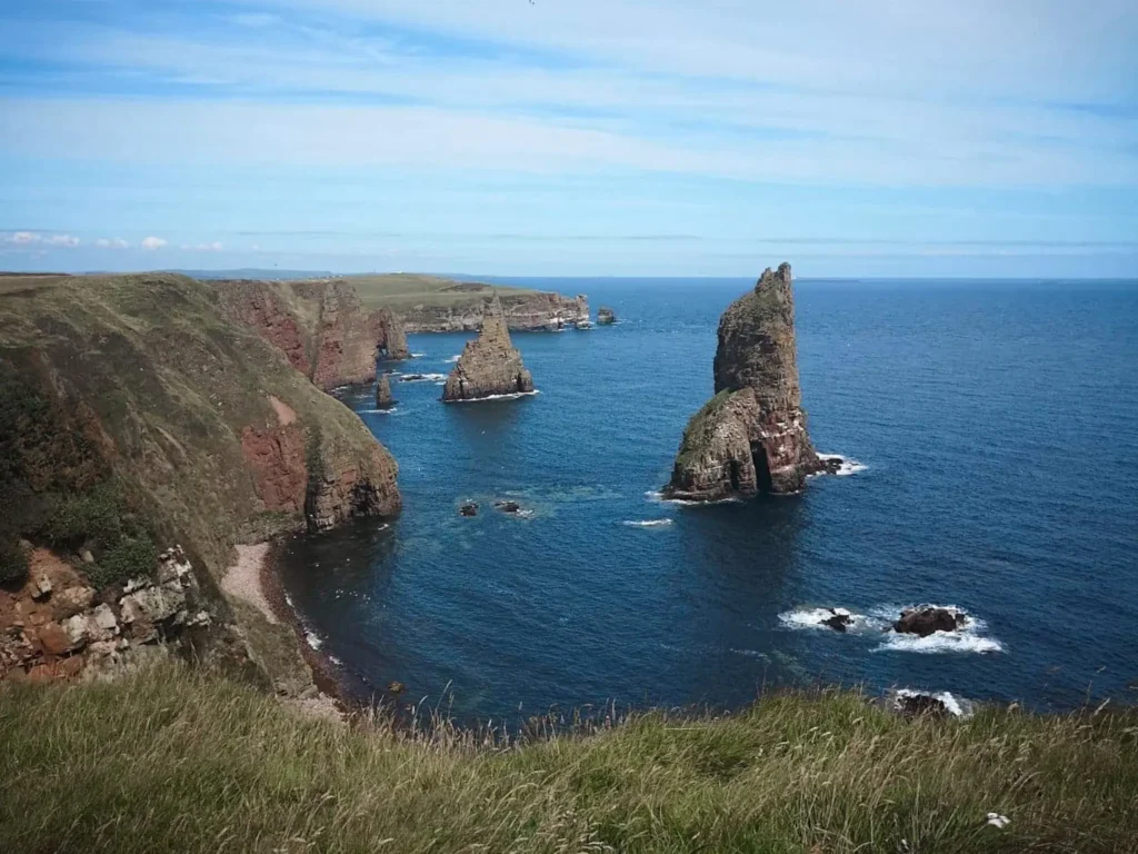 Duncansby Stacks in Caithness on a sunny day.