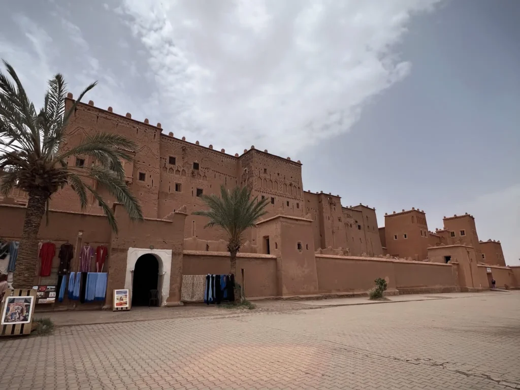 Kasbah Taourirt in Ouarzazate on a cloudy day.