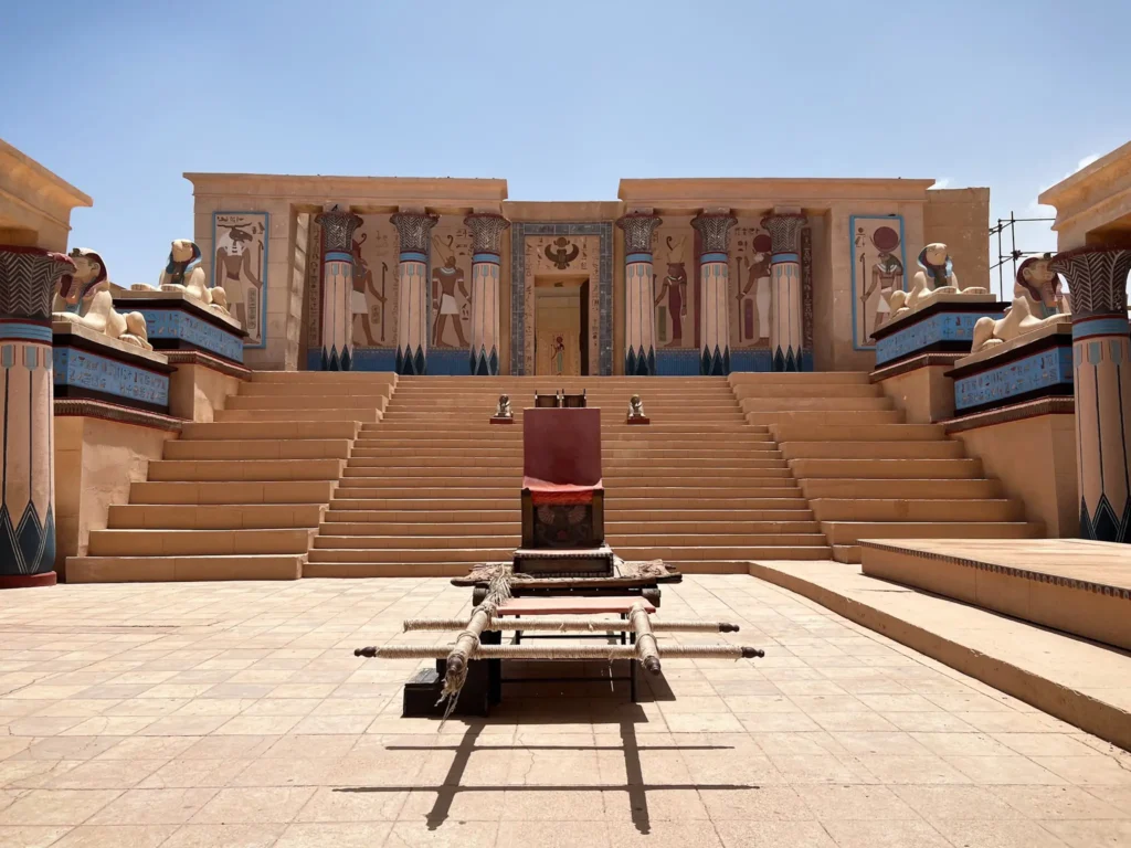 Inside of the mummy set at Atlas Studios in Ouarzazate on a sunny day.