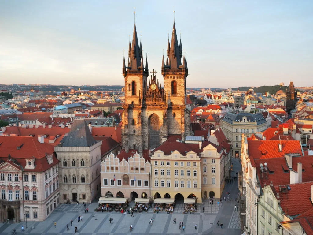 Prague Old town square. as the sun is setting.