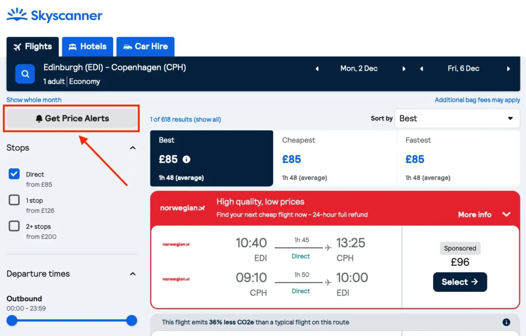 Showing how to use Skyscanner Price Alerts Feature 