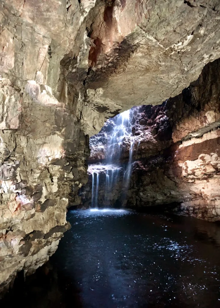 Waterfall inside Smoo Cave in Durness Scotland.