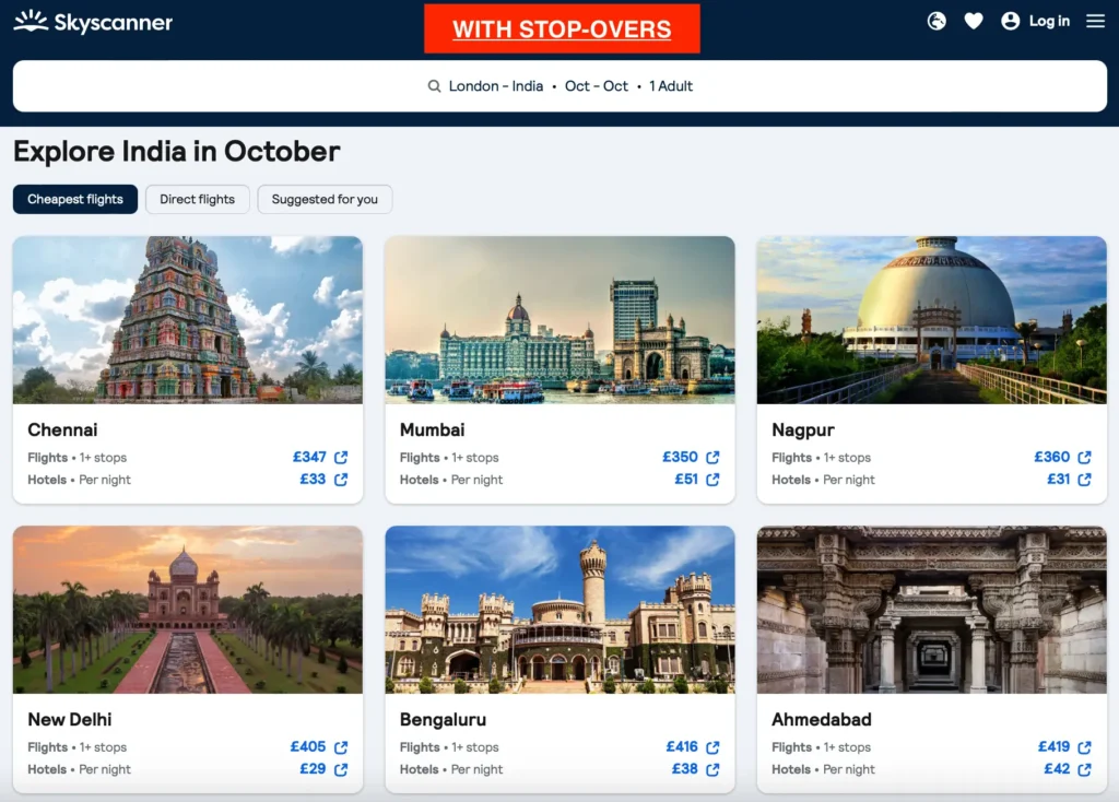 Searching for Flights From London To India with stopovers on Skyscanner.