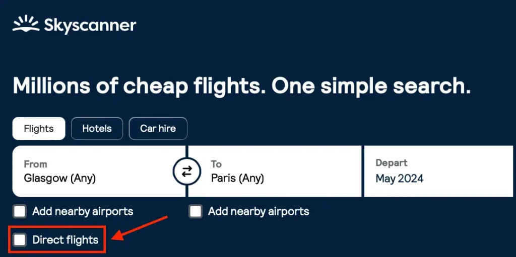 Showing how to find cheap flights on Skyscanner by unchecking the direct flights box.