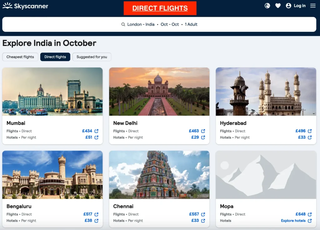 Searching for Direct Flights From London To India on Skyscanner.