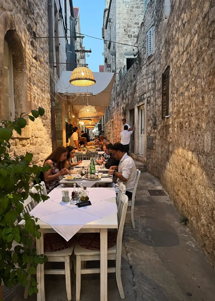 Outdoor seating at restaurants in Hvar.