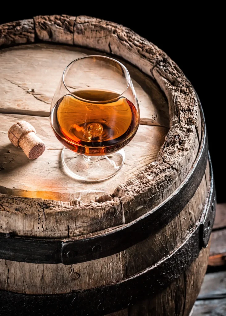 Glass of good cognac in the distillery basement