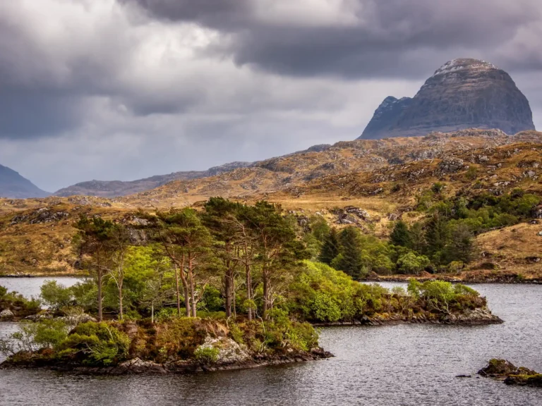 Suilven mountain with loch and trees in front in Scotland.