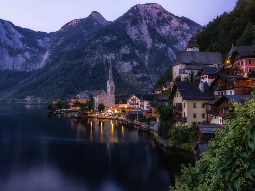 Hallstatt village lake view at sunrise.