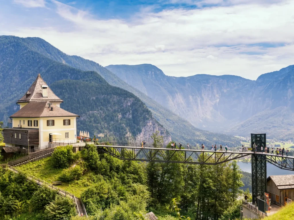 Hallstatt village view, by the hallein salt mine, near salzburg,