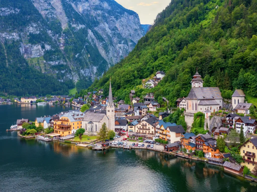 Aerial view of austrian mountain village hallstatt and hallstatter lake.