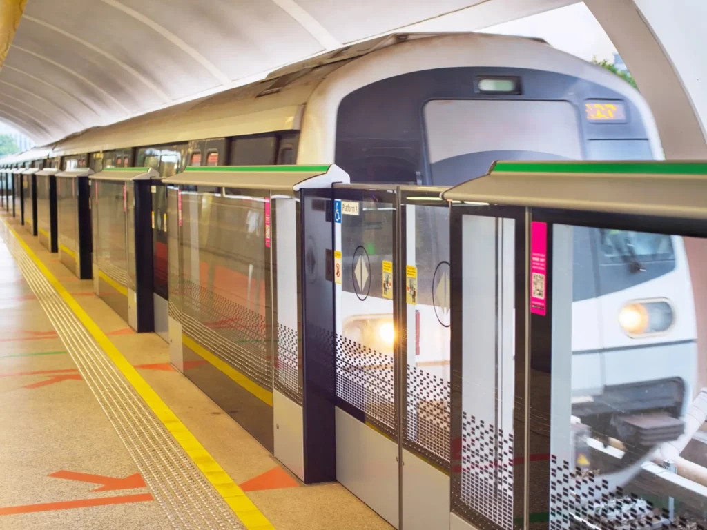 MRT train arrives at a station in singapore.