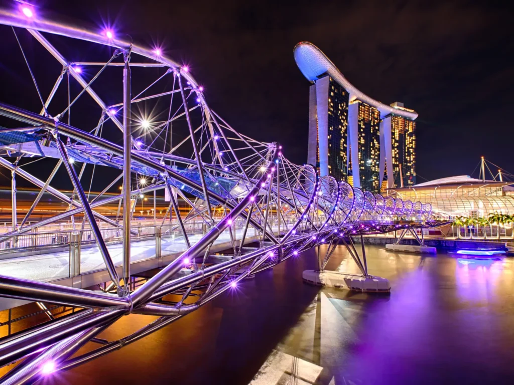 The helix bridge with marina bay sands in background.